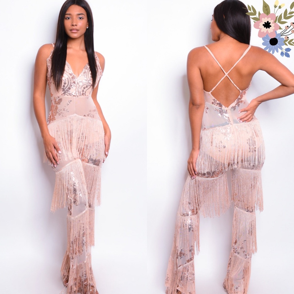 🆕 Sexy Nude w Rose Gold Sequins Jumpsuit; S, M, L